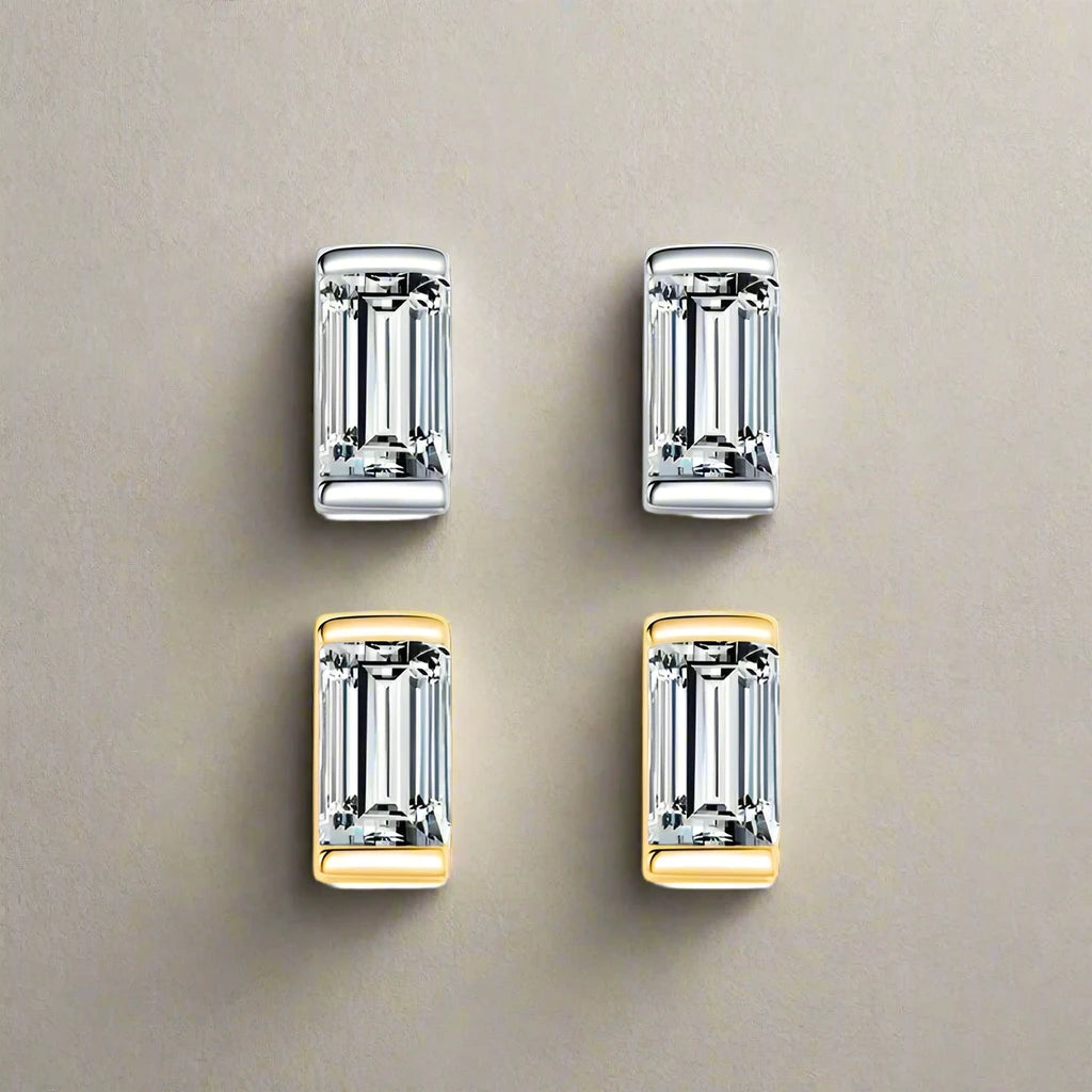 Emerald Cut Rectangle CZ Studs Solid 925 Sterling Silver