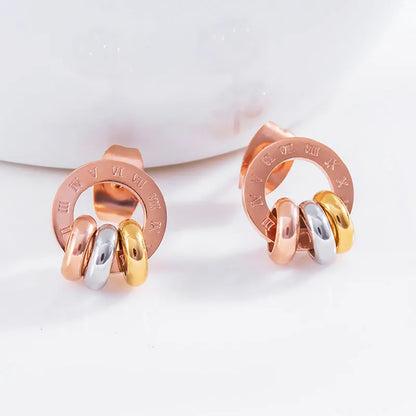 Rose Gold Color Roman Numerals Stainless Steel Stud Earrings