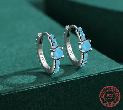 Natural Turquoise Hoop Earrings 925 Sterling Silver