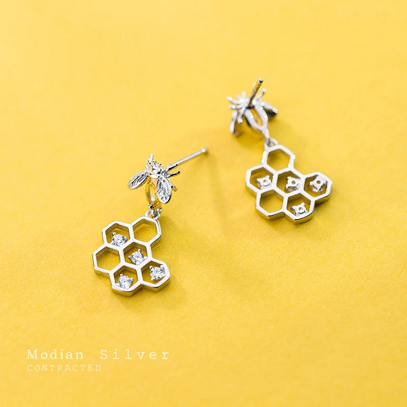 Bee And Honeycomb Stud Earrings 925 Sterling Silver