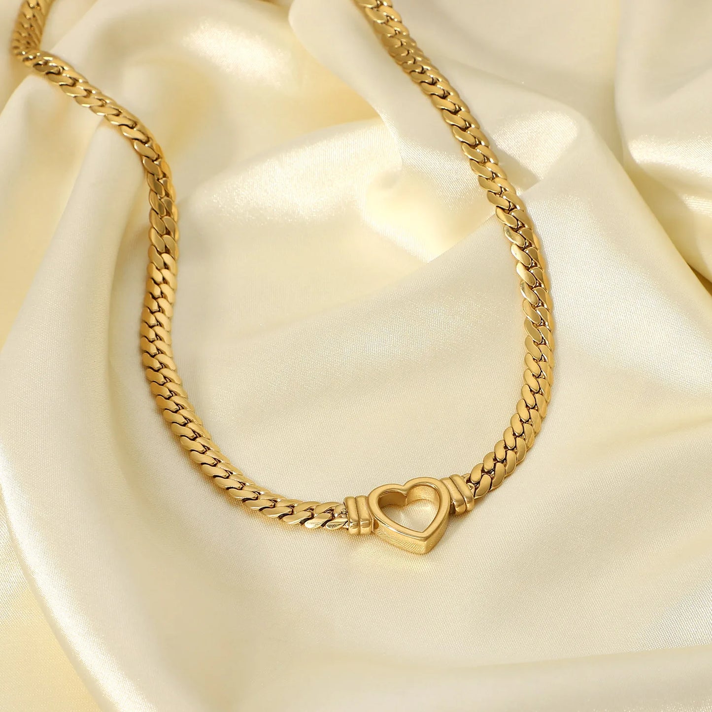 Gold Or Silver Stainless Steel Cuban Chain Heart Necklace