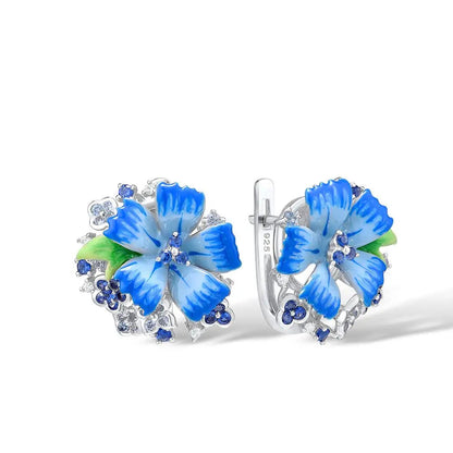 925 Sterling Silver Blue Enamel Flower Ring & Earrings Set