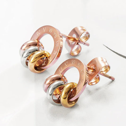 Rose Gold Color Roman Numerals Stainless Steel Stud Earrings