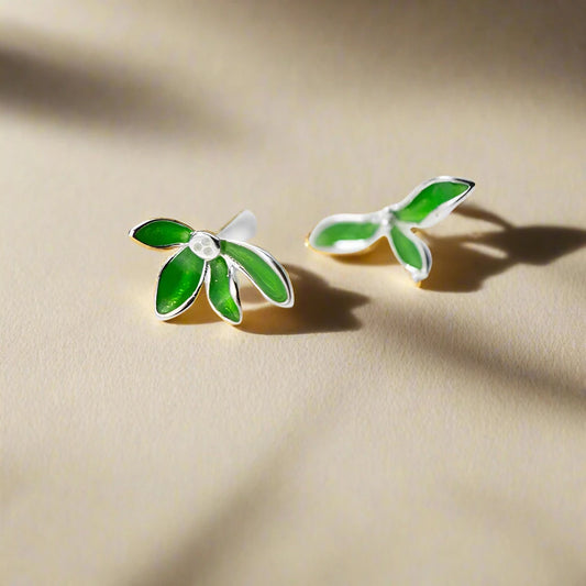 Green Enamel Leaves Stud Earrings 925 Sterling Silver