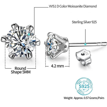 Moissanite Stud Earrings Solid 925 Sterling Silver D Color (Multiple Color Stones)