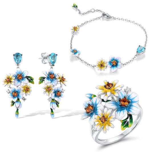 925 Sterling Silver Enamel Earrings, Ring & Bracelet Set