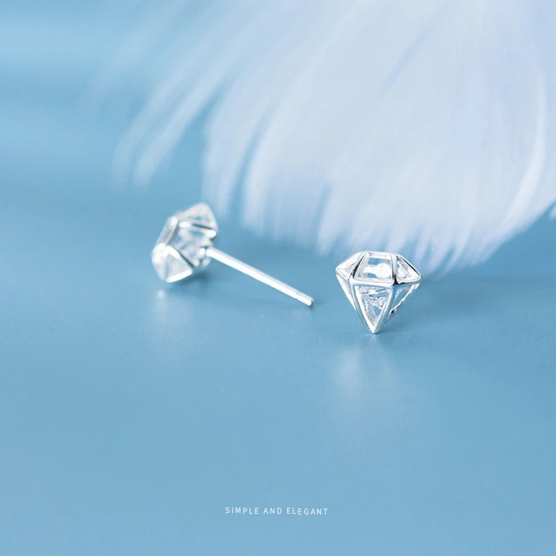 925 Sterling Silver Hollow Out Diamond Shape Ear Studs CZ