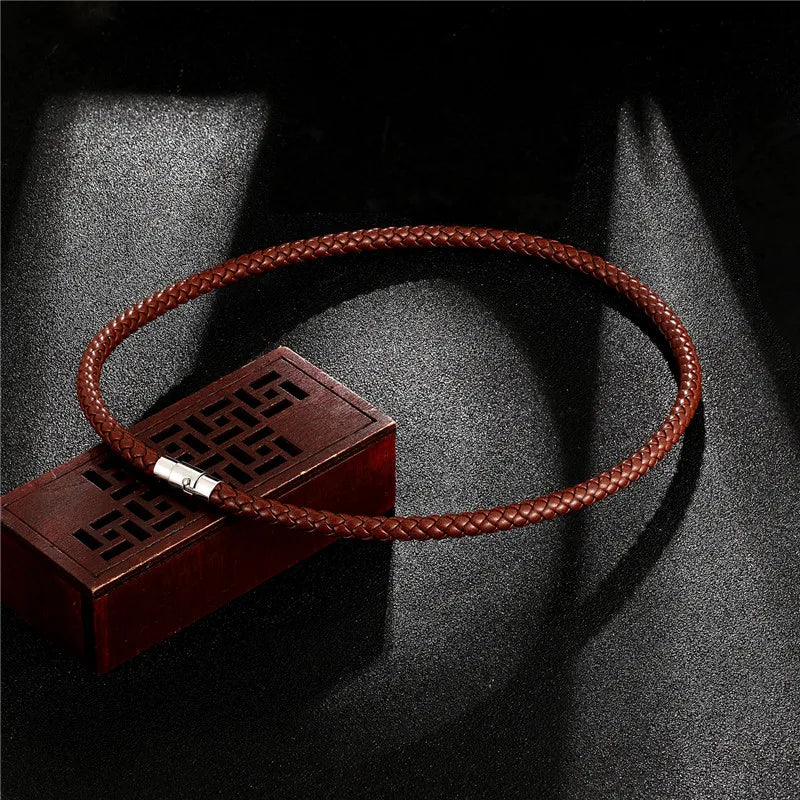 MKENDN Fashion Men's Choker Necklace Black Brown Braided Leather Necklace Stainless Steel Magnetic Clasp Male Jewelry Gifts