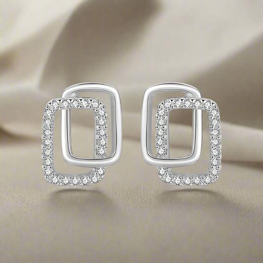 925 Sterling Silver Double Geometric Stud Earrings CZ