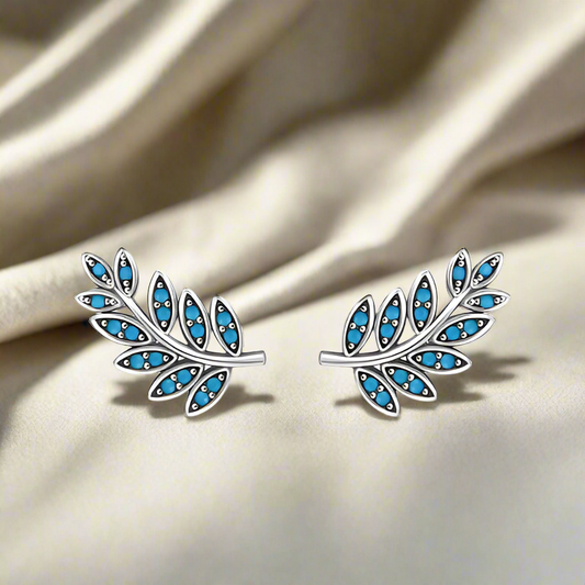 925 Sterling Silver Leaf Natural Turquoise Stud Earrings