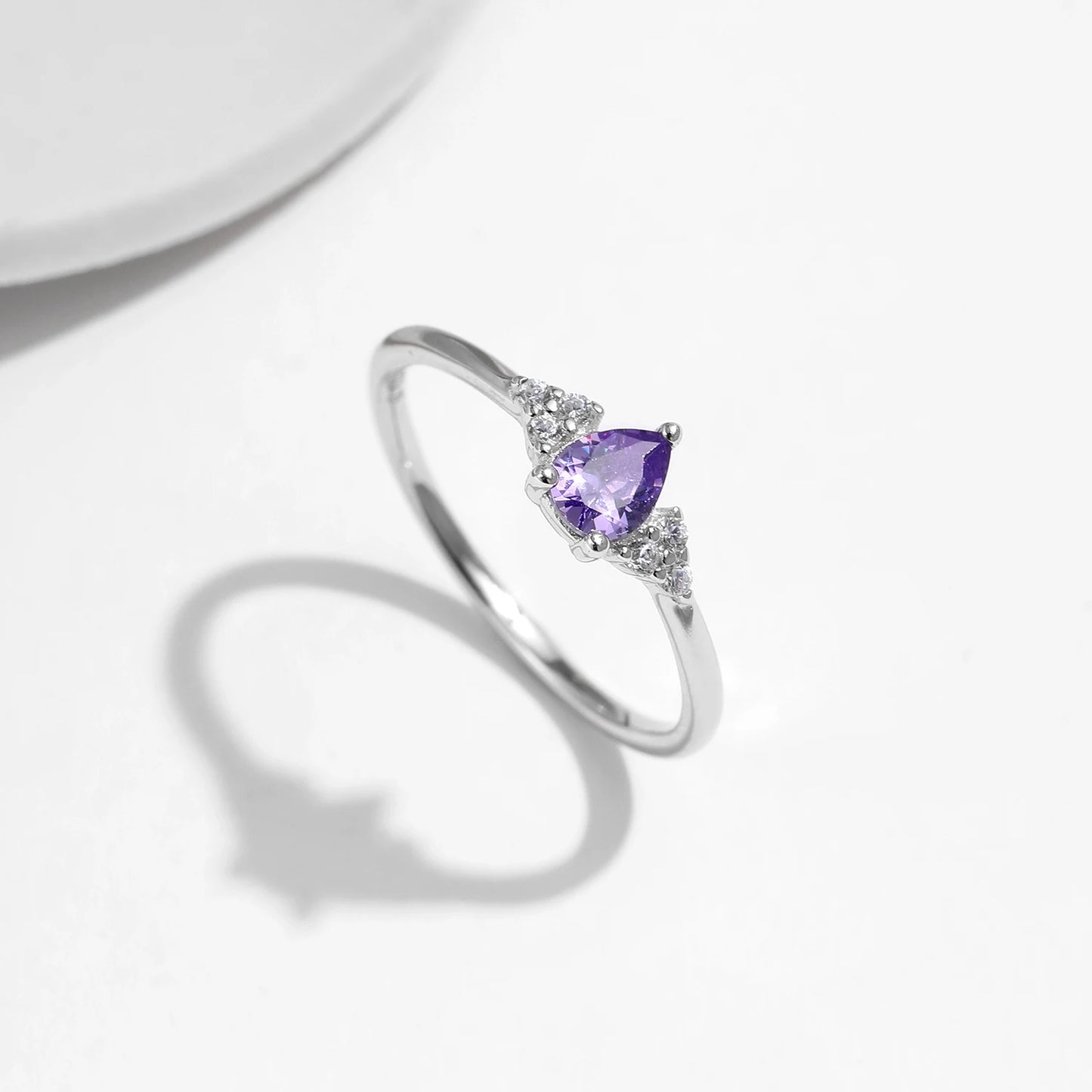 925 Sterling Silver Water Drop Purple Cubic Zirconia Ring