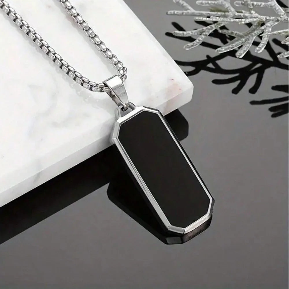 Stylish Geometric Necklaces for Men Boys,Waterproof Black Stainless Steel Square Rectangle Bar Pendant Collar Gifts for Him