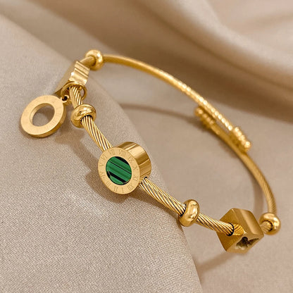 Stainless Steel Malachite Roman Numerals Bangle