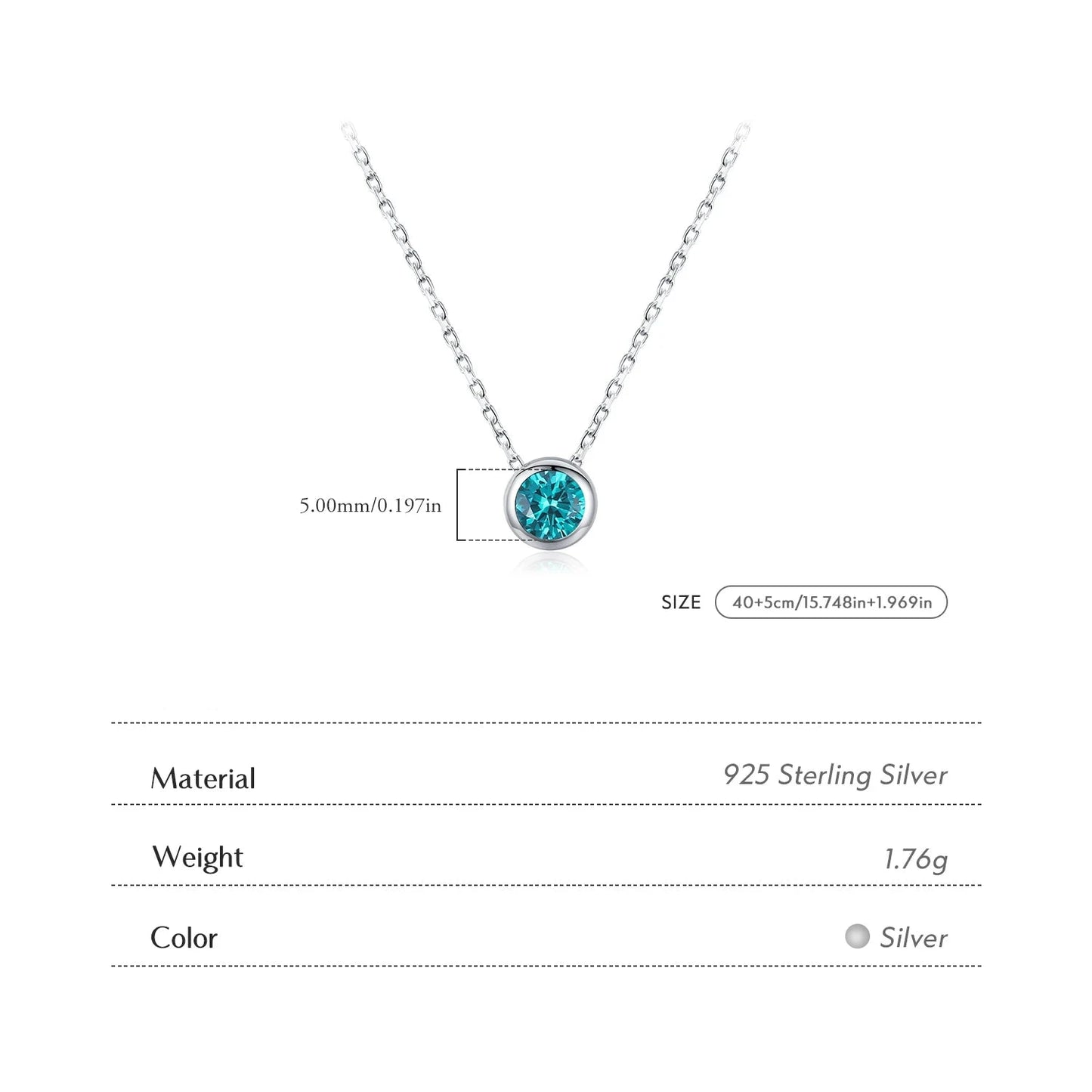 925 Sterling Silver Teal Round Zirconia Pendant Necklace