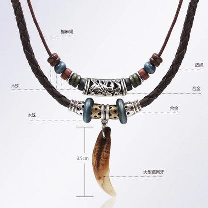 Fashion Men Women's Goth Multi-layer Vintage Wolf Tooth Pendant Leather Beaded Weaved Prayer Necklace Fashion Jewelry Necklaces