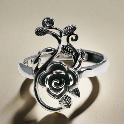 925 Sterling Silver Branches Rose Flowers Ring Adjustable