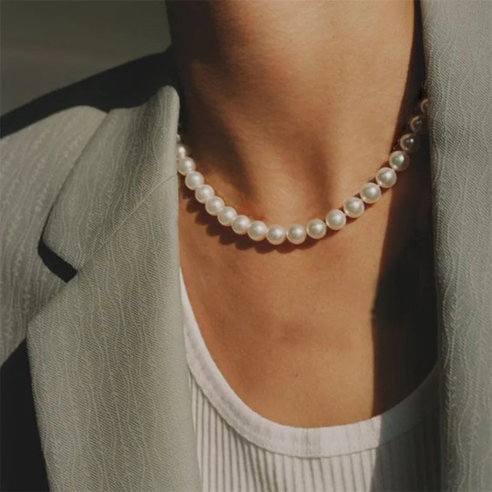 White Pearl Stainless Steel Necklaces 3-8mm