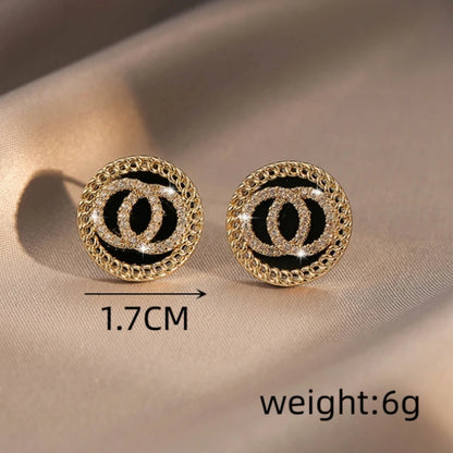 Black Enamel Crystal Double Round Circles Stud Earrings