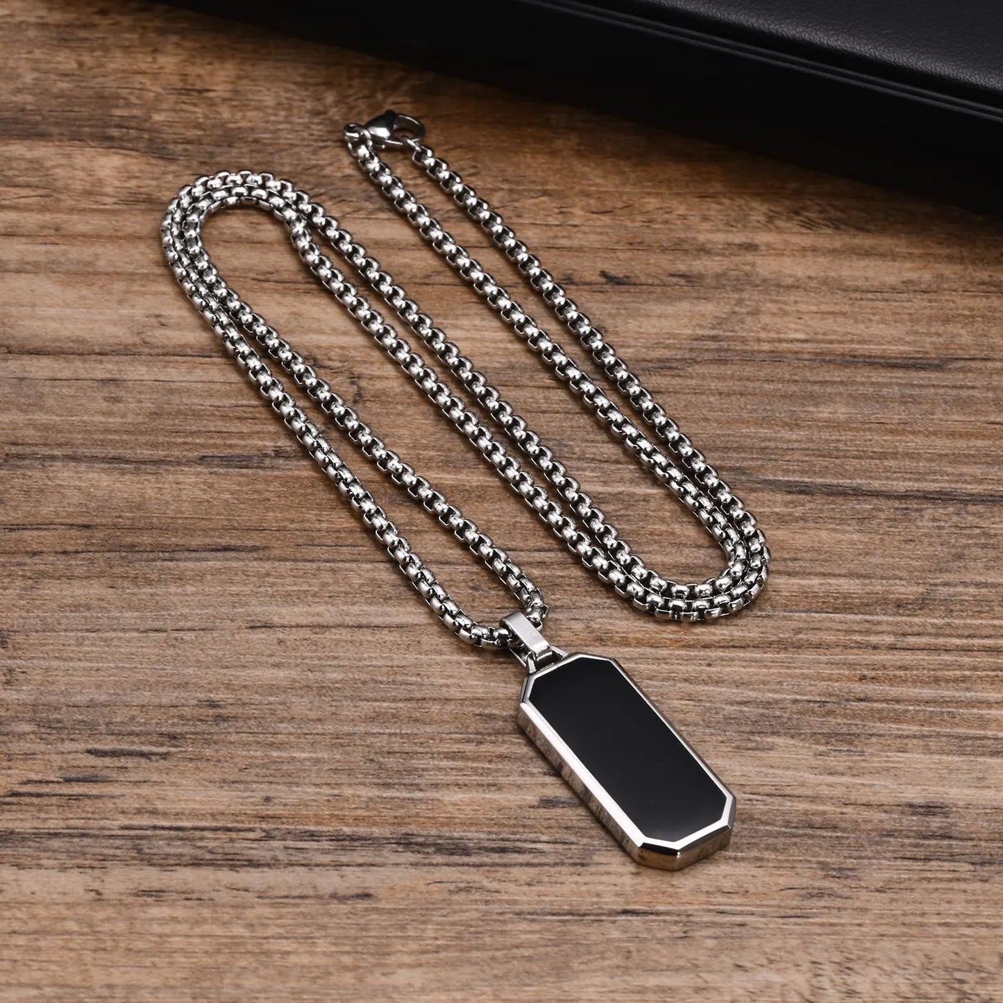 Stylish Geometric Necklaces for Men Boys,Waterproof Black Stainless Steel Square Rectangle Bar Pendant Collar Gifts for Him