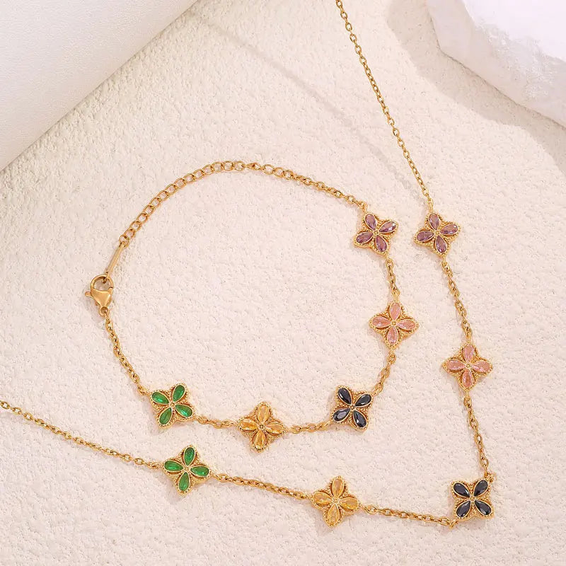 Stainless CZ Four-leaf Necklace/Bracelet Set