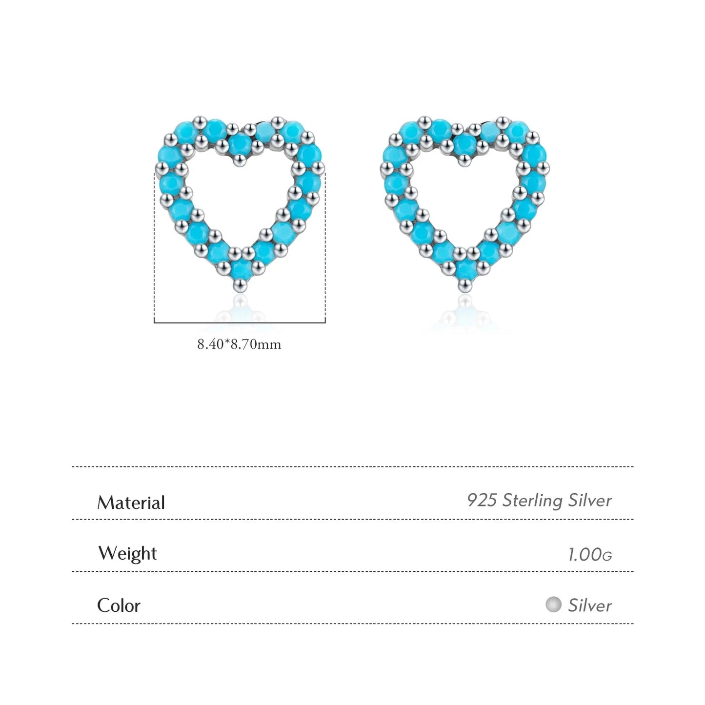 925 Sterling Silver Turquoise Hearts Stud Earrings