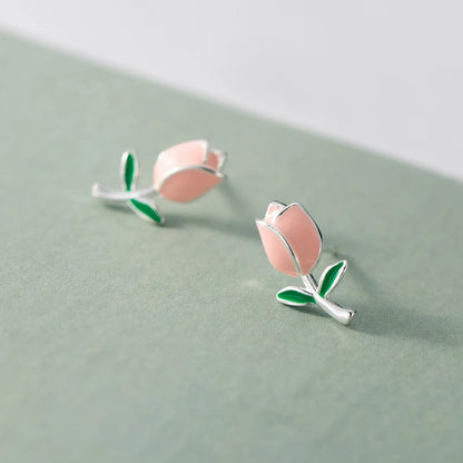 925 Sterling Silver Elegant Pink Enamel Flowers Stud Earrings