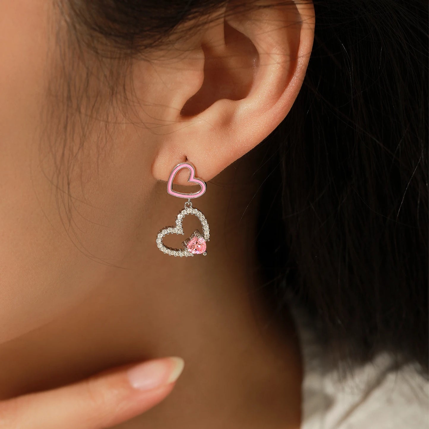 925 Sterling Silver Fashion Pink CZ Double Heart Earrings