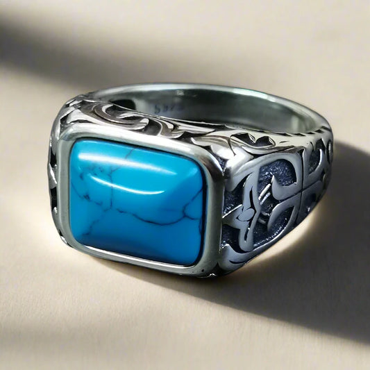 925 Sterling Silver Rings For Men Blue Natural Crystal, Turquoise Stone