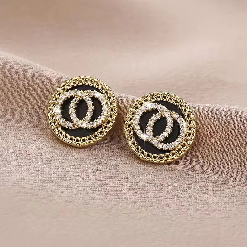 Black Enamel Crystal Double Round Circles Stud Earrings