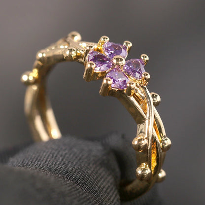 Purple Four Leaf CZ Flower Adjustable Rings