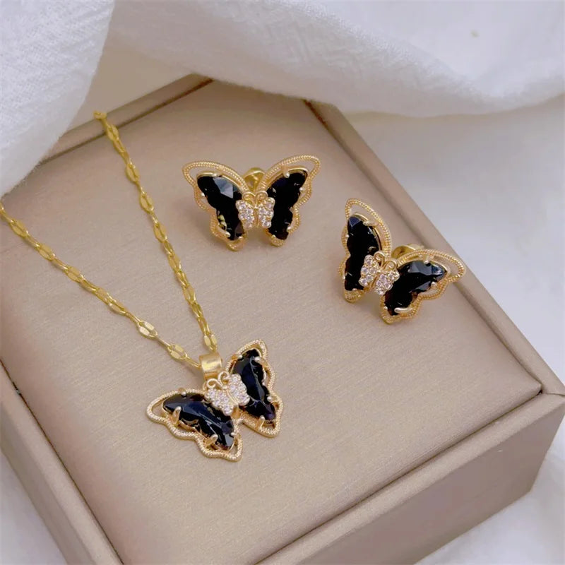 Stainless Butterfly Earrings & Pendant Necklace Set (6 Colors)