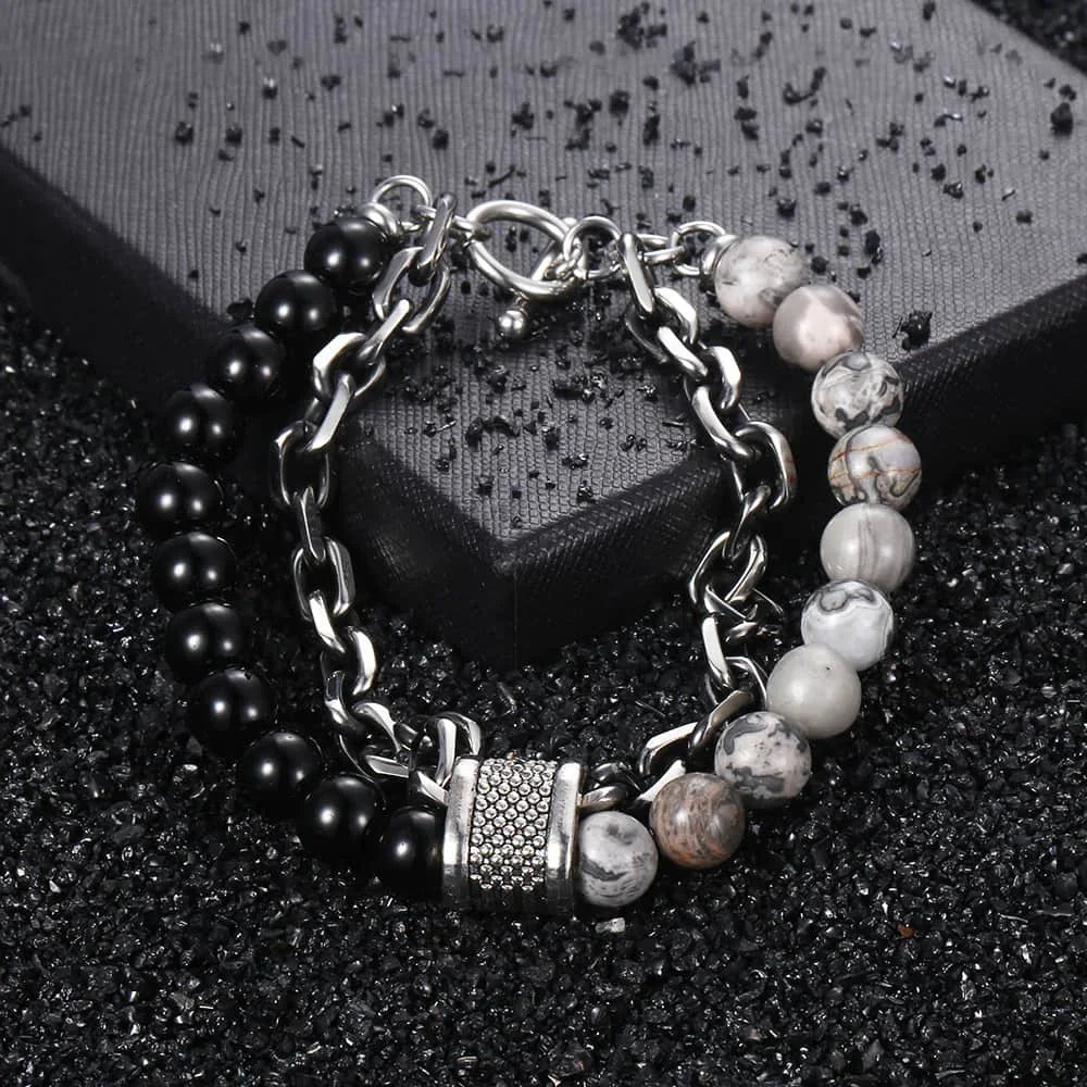 Multi Style Choice Tiger Eye Stone Stainless Steel Gunmetal Link Chain With Beaded Bracelet