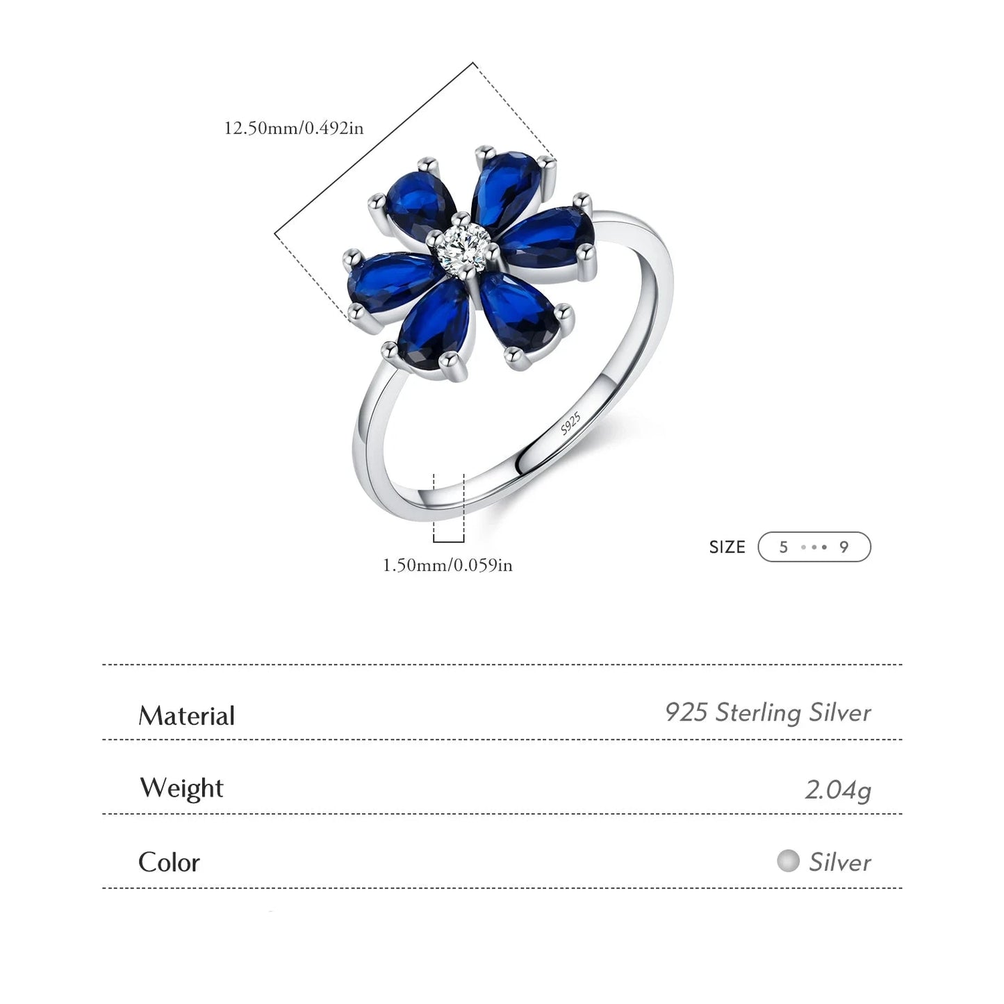 925 Sterling Silver Royal Blue Flower Ring