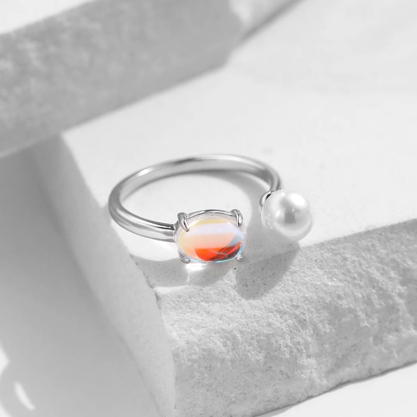 925 Sterling Silver Moonstone, Pearl Adjustable Ring