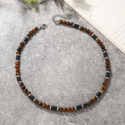 New Men's Tiger Stone Natural Stone Necklace Wave Sami Fashion Trend Design Niche Stitching Beaded Pearl Simple Charm Necklace