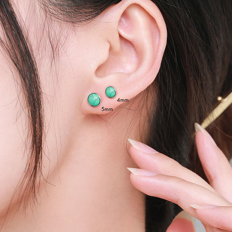 925 Sterling Silver Green Round Turquoise 4MM 5MM 6MM Stud Earrings