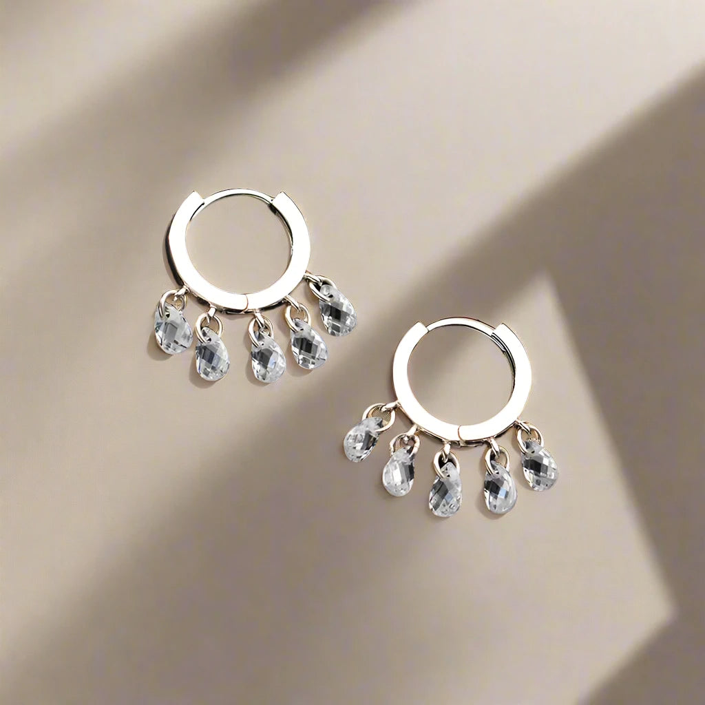 925 Sterling Silver Swaying Water Droplets Hoop Earrings CZ