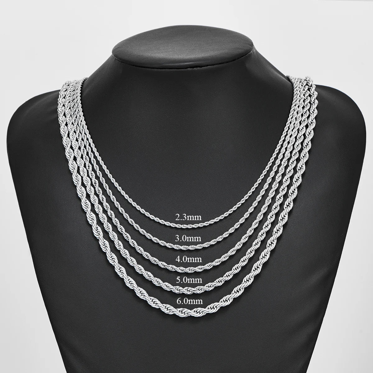 2.3-6mm Stainless Steel Twisted Rope Chain 16 to 30 Inches