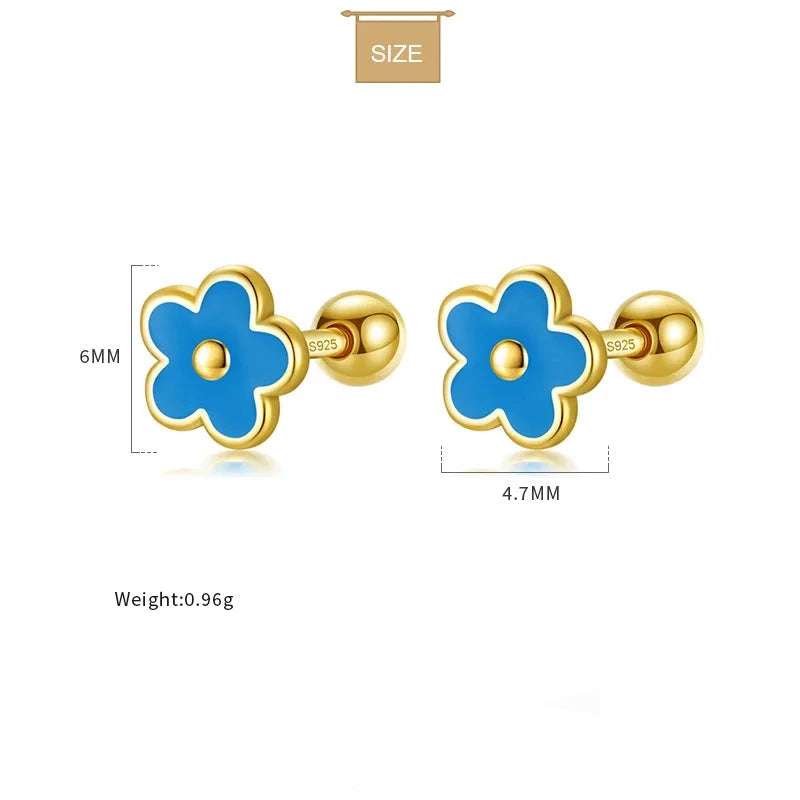 925 Sterling Silver Enamel Flower Screw Stud Earrings