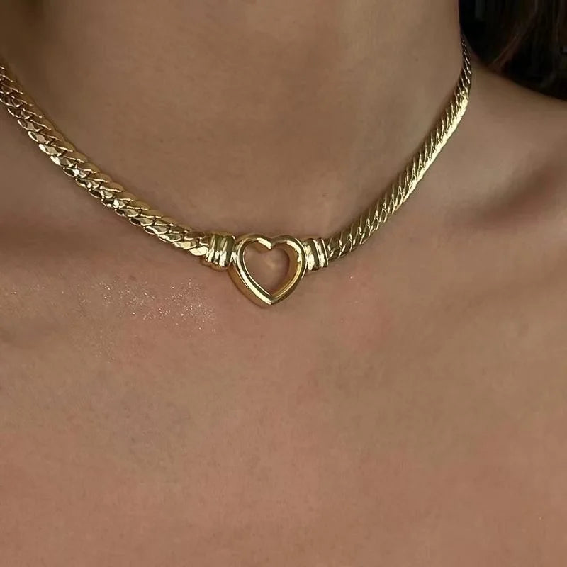 Gold Or Silver Stainless Steel Cuban Chain Heart Necklace