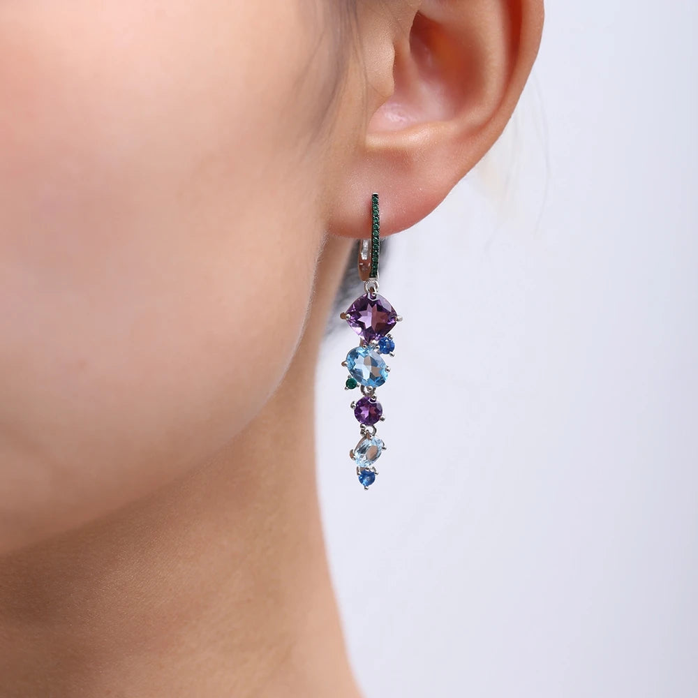 925 Sterling Silver Multi Color Natural Stones Drop Earrings