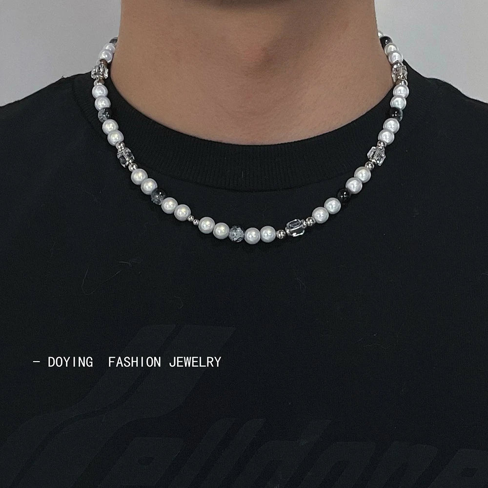 Hip hop Original Design Reflective Pearl Necklace Man Ice Cracked Stone Beaded Stainless Steel Men's Necklace Aesthetic Jewelry