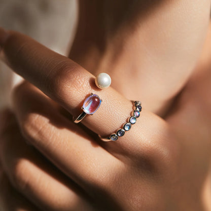 925 Sterling Silver Moonstone, Pearl Adjustable Ring