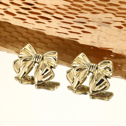 Stainless Steel Metal Ribbon Bow Stud Earrings