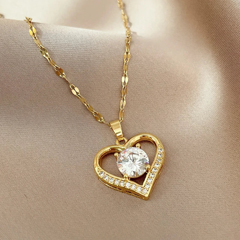 Gold Or Silver Stainless Steel Gem Heart Pendant Necklace