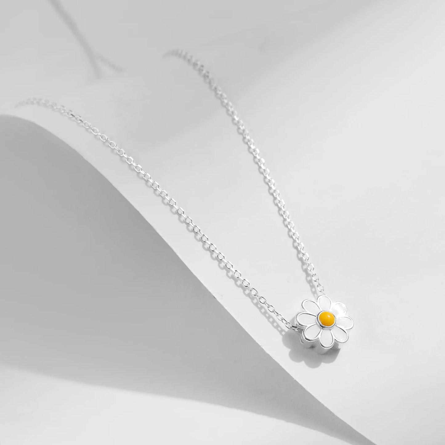 925 Sterling Silver White Enamel Flower Pendant Necklace