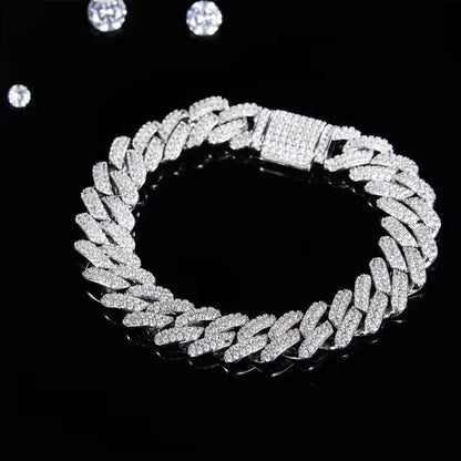 12mm Moissanite Cuban Link Chain Bracelet 925 Sterling Silver Silver