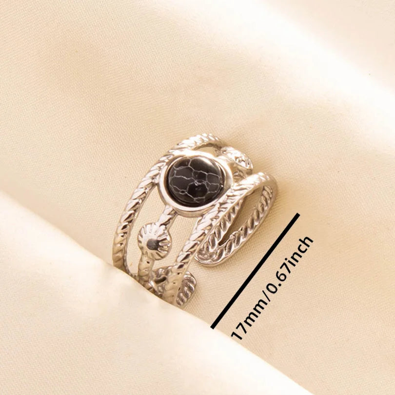 Stainless Steel Black Stone Silver Color Adjustable Rings