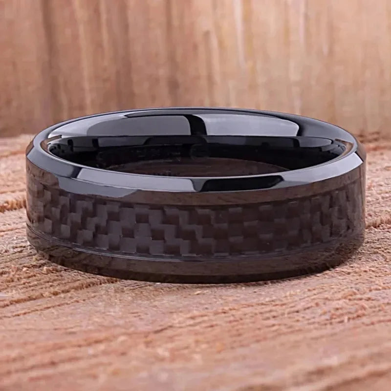 8MM Stainless Steel Rings Inlaid Black Carbon Fiber