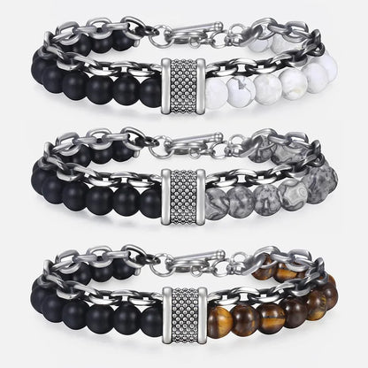 Multi Style Choice Tiger Eye Stone Stainless Steel Gunmetal Link Chain With Beaded Bracelet